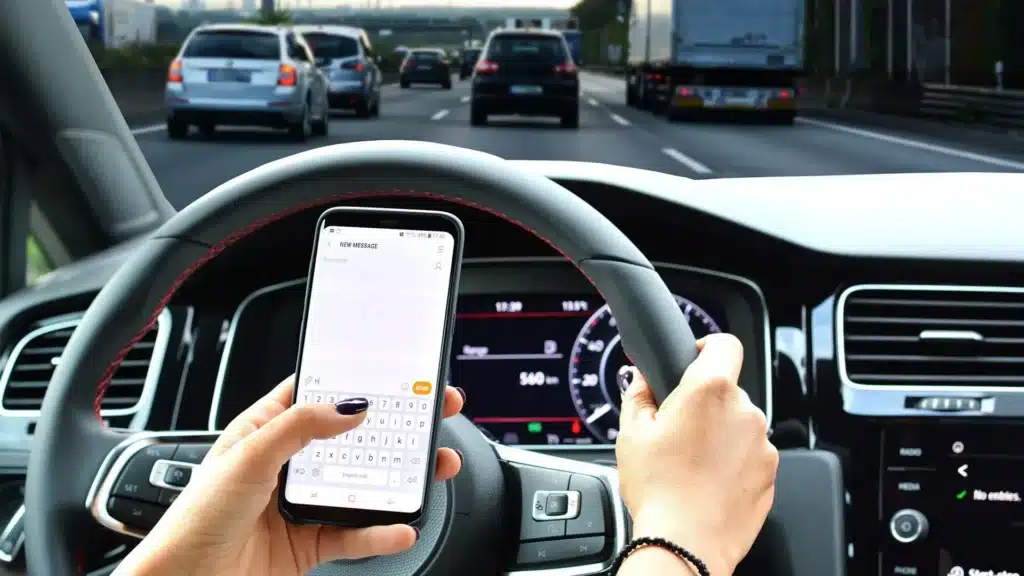 Woman looking at her phone to text while in traffic on the highway.