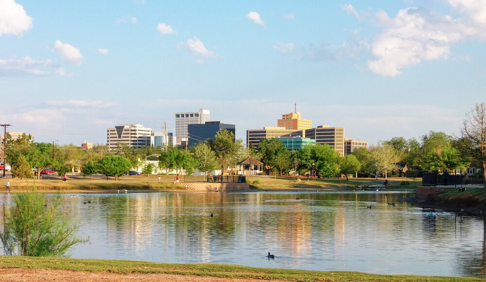 Downtown Midland, Texas on a Sunny Day as Seen Over the Pond at Wadley Barron Park