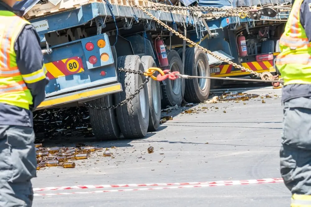 jackknifed truck in the road with chains attached to pull it upright and emergency workers in attendance, with selective focus on the chains and tyres at the rear