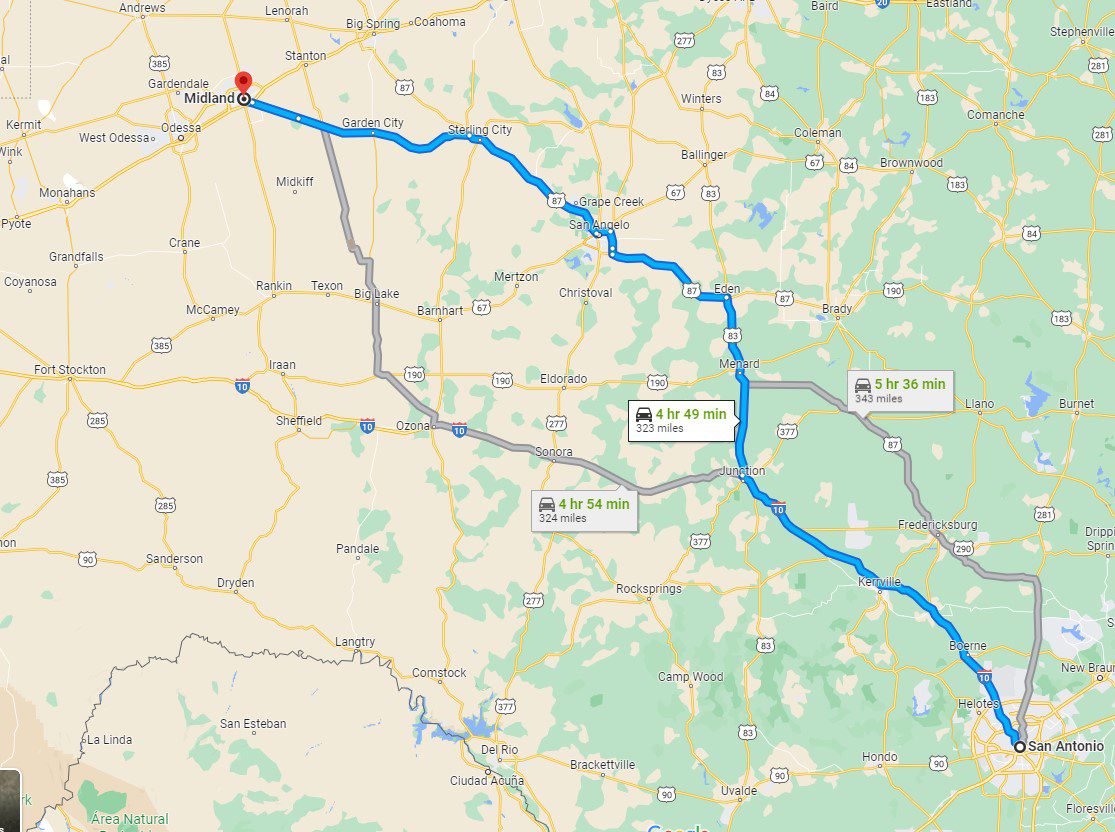 Route from San Antonio to Midland, google maps
