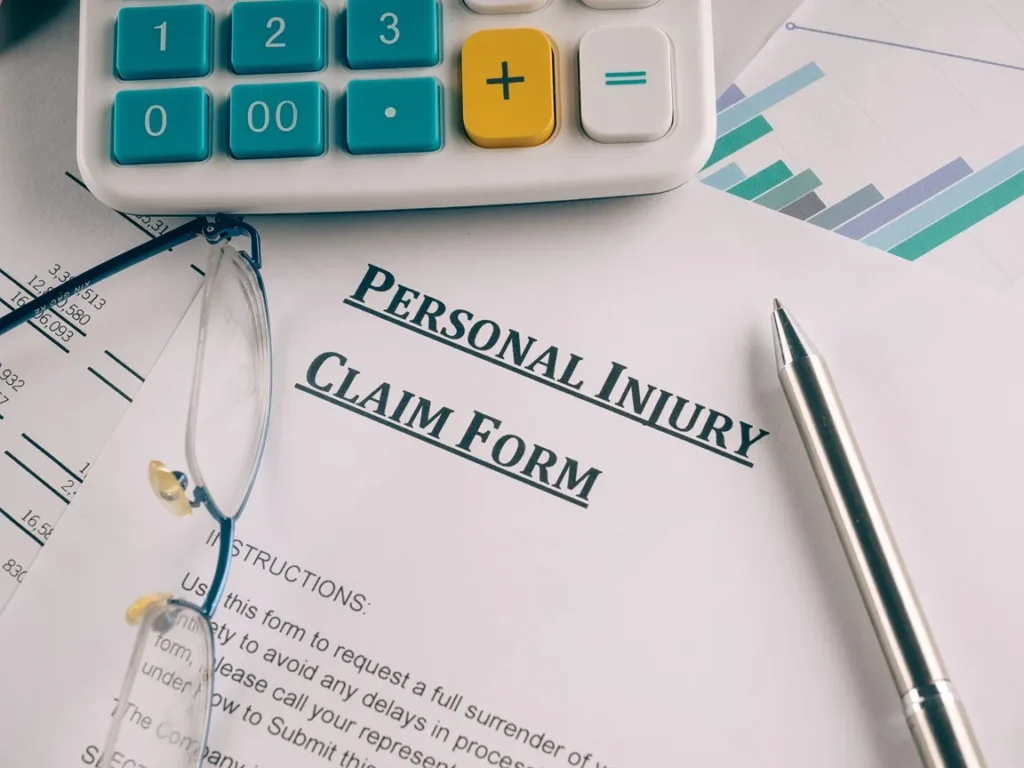 A personal injury claim form on a table, with a pen, eyeglasses and a calculator.