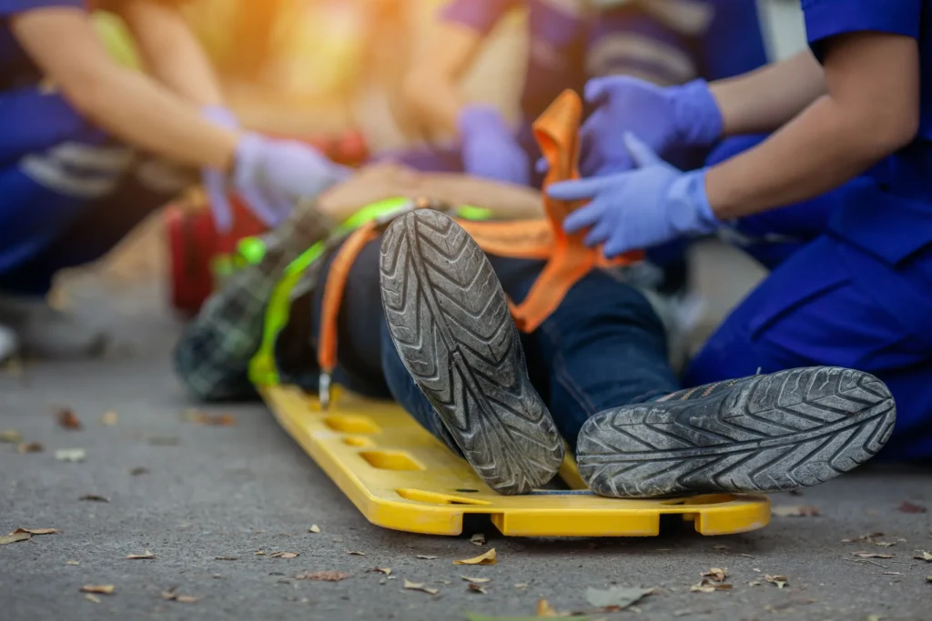 A worker after an injury on a board.