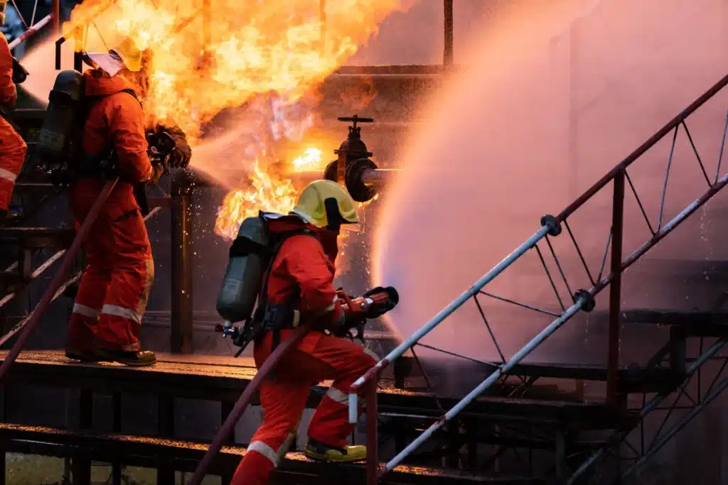 Emergency services attempt to extinguish a fire.