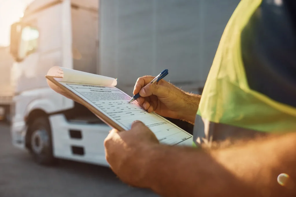An accident assessor going over a check list.