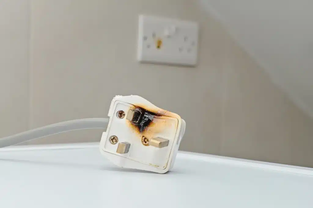 The burnt plug of a defective appliance.