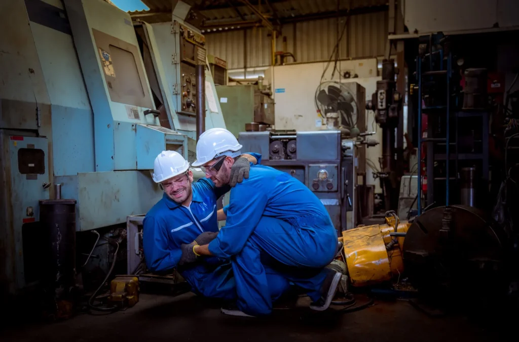 An injured worker getting help from another worker.